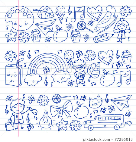 Cartoon icons with education items. Online lesson. E-learning. Cartoon icons with education items. Online lesson. E-learning. 77295013