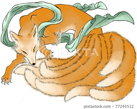 Japanese-style illustrated youkai nine-tailed fox - Stock
