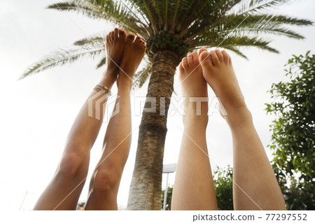 Feet in air against palm trees and blue sky 77297552