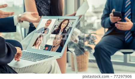 Video call group business people meeting on virtual workplace or remote office Video call group business people meeting on virtual workplace or remote office 77297906