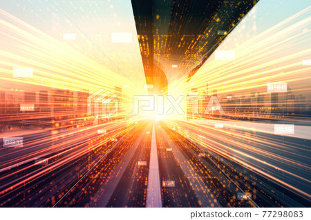 Digital data flow on road with motion blur to create vision of fast speed transfer Digital data flow on road with motion blur to create vision of fast speed transfer 77298083