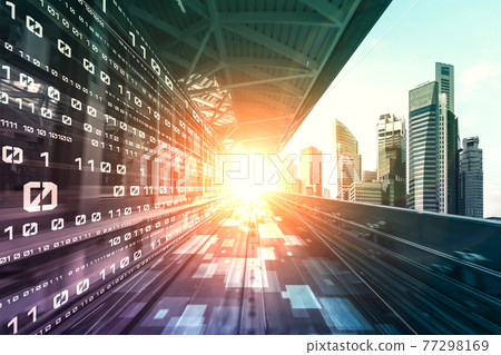 Digital data flow on road with motion blur to create vision of fast speed transfer Digital data flow on road with motion blur to create vision of fast speed transfer 77298169