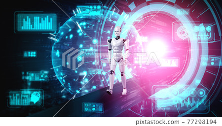 3D rendering robot humanoid in sci fi fantasy world 77298194