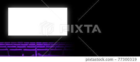 Cinema movie theatre with purple seats and a blank white screen. Horizontal banner Cinema movie theatre with purple seats and a blank white screen. Horizontal banner 77300319