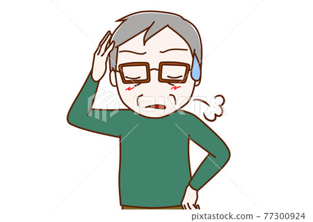 An elderly man holding his head and sighing 77300924