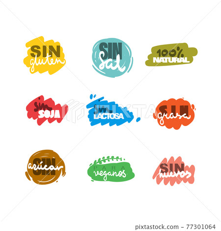 Food allergic icons set. Colored labels hand drawing in Spanish. Lactose free, sugar free, gluten free, salt free, egg free, soy free, fat free, vegetarian. 77301064