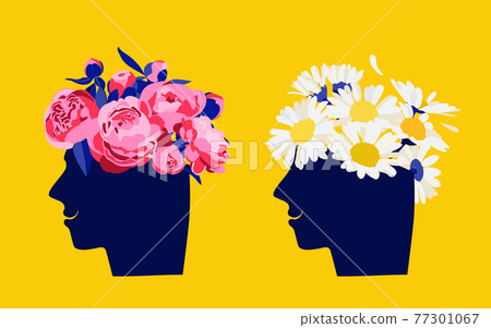 Mental health concept. Abstract image of a head with flowers inside. Peonies, flowers and leaves as a symbol of inspiration, calmness, favorable mental behavior. Mental health concept. Abstract image of a head with flowers inside. Peonies, flowers and leaves as a symbol of inspiration, calmness, favorable mental behavior. 77301067