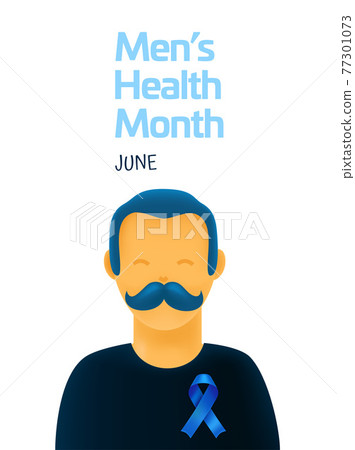Mens Health Month. Celebrated Every June. Man with blue ribbon and moustache Mens Health Month. Celebrated Every June. Man with blue ribbon and moustache 77301073