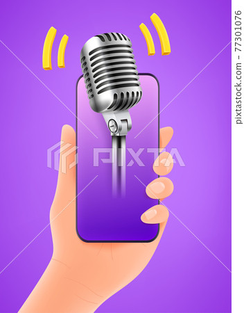 Man holding smartphone with audio podcast Man holding smartphone with audio podcast 77301076