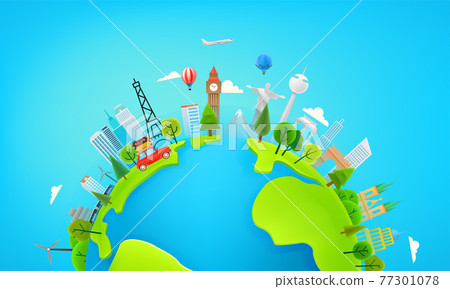 Travel concept with car, balloon, airplane, train, bus. Vector panorama Travel concept with car, balloon, airplane, train, bus. Vector panorama 77301078