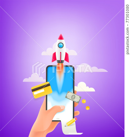 Business start up concept. Begin business vector illustration with rocket and smartphone Business start up concept. Begin business vector illustration with rocket and smartphone 77301080