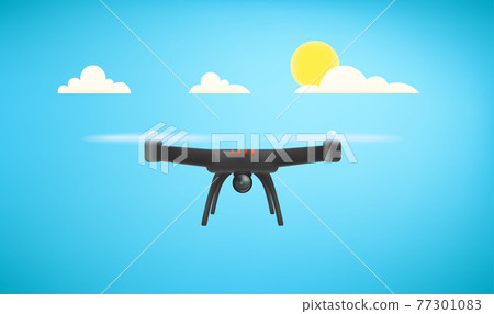 Flying black drone with digital camera in a sky Flying black drone with digital camera in a sky 77301083