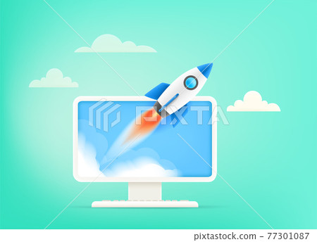 Start up your business concept. Begin business vector illustration with rocket and computer Start up your business concept. Begin business vector illustration with rocket and computer 77301087