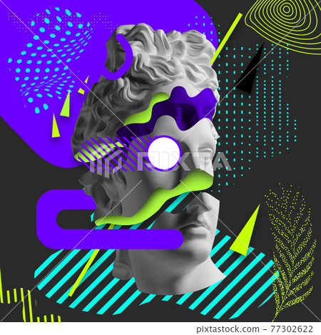 Contemporary art collage with antique statue head in a surreal style. Contemporary art collage with antique statue head in a surreal style. 77302622