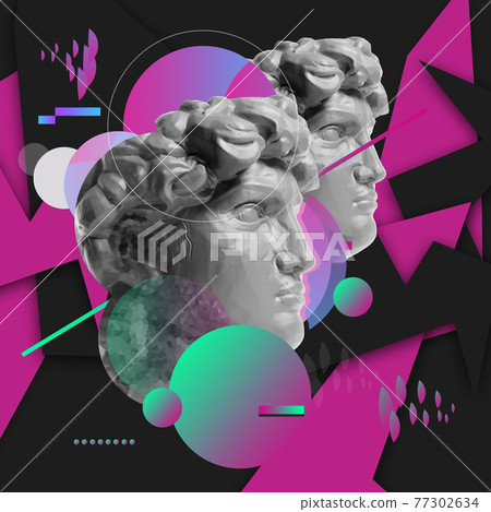 Contemporary art collage with antique statue head in a surreal style. Contemporary art collage with antique statue head in a surreal style. 77302634