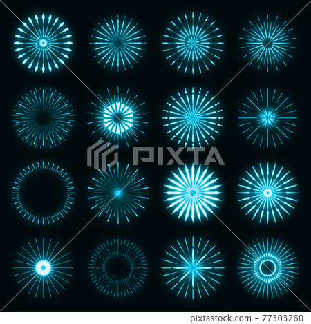 Retro set of light sunburst neon style glow geometric shape, vintage rays sunlight explosion icon concept vector illustration, isolated on black wall. Retro set of light sunburst neon style glow geometric shape, vintage rays sunlight explosion icon concept vector illustration, isolated on black wall. 77303260