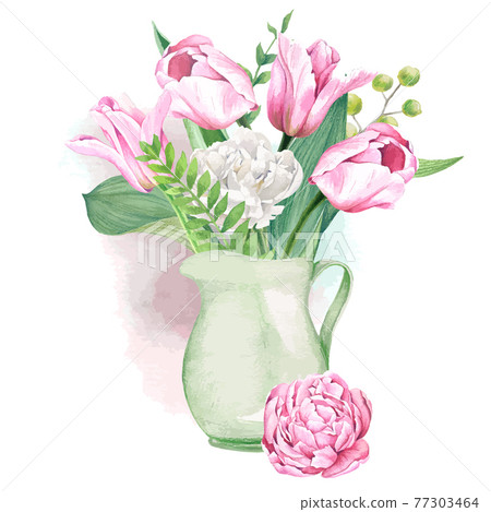 Pink and white tulips and ferns bouquet in jar Pink and white tulips and ferns bouquet in jar 77303464