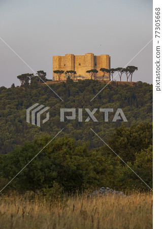 Castel del Monte, castle built in an octagonal shape by the Holy Roman Emperor Frederick II in the 13th century in Apulia region, Italy 77305668