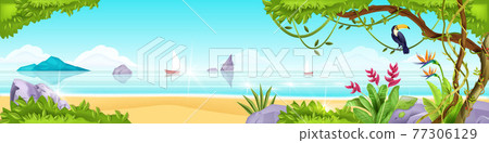 Summer beach jungle island vector landscape, toucan, exotic tree, ocean, sand, tropical flowers 77306129