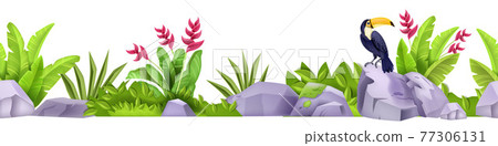 Stone seamless vector border, tropical exotic jungle rainforest rocks, toucan, banana leaves, flower 77306131