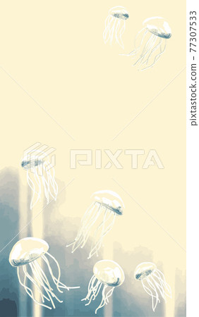 Abstract ink painting of a glass jellyfish floating in the ocean of the world, pale gray vector illustration (vertical position) 77307533