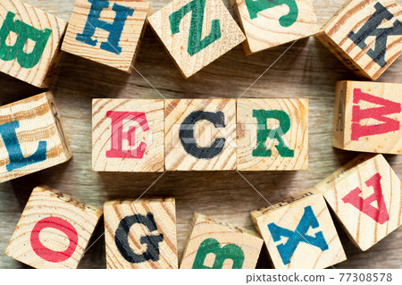 Alphabet letter block in word ECR (Abbreviation of Efficient Consumer Response, Early Career Researcher, Engine control room) with another on wood background 77308578