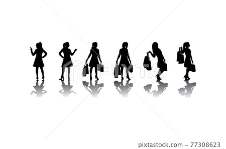 Silhouette of realistic girl with bags. Shopping concept. Happy funny woman. Vector isolated illustration. 77308623