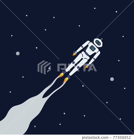 Android robot flying on space background Android robot flying on space background 77308852