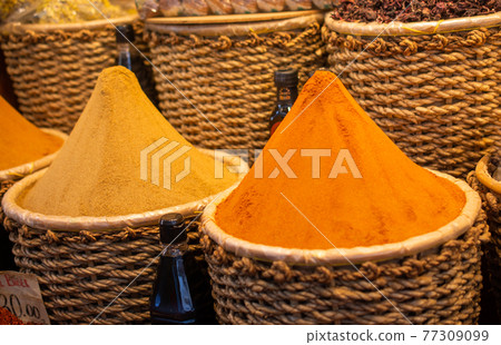 Colorful spices in the Turkish Grand Spice Bazaar in Istanbul, Turkey Colorful spices in the Turkish Grand Spice Bazaar in Istanbul, Turkey 77309099