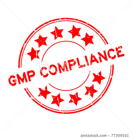 Grunge red GMP (Good manufacuturing practice) compliance word round rubber seal stamp on white background 77309581