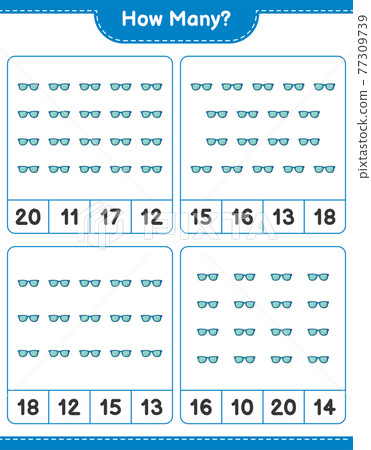 Counting game, how many Sunglasses. Educational children game, printable worksheet, vector illustration Counting game, how many Sunglasses. Educational children game, printable worksheet, vector illustration 77309739