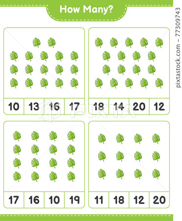 Counting game, how many Monstera. Educational children game, printable worksheet, vector illustration Counting game, how many Monstera. Educational children game, printable worksheet, vector illustration 77309743