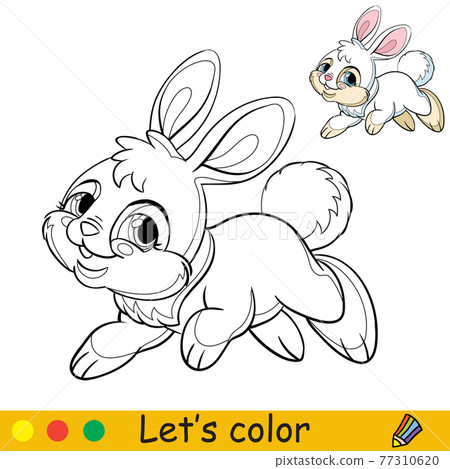 Cute running rabbit coloring with colorful... - Stock Illustration ...