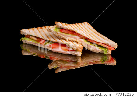 ham-cheese sandwiches, grilled toast, ham, melted cheese, tomato, lettuce leaves, branded sauce 77312230