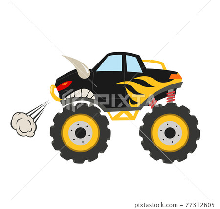 Cartoon monster truck. Big muscle car. 4x4 nursery vehicle. Diesel bull auto Cartoon monster truck. Big muscle car. 4x4 nursery vehicle. Diesel bull auto 77312605