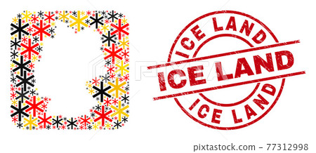 Ice Land Scratched Watermark and German Map Hole Collage of Primitive Snowflake Icons in German Flag Colors 77312998
