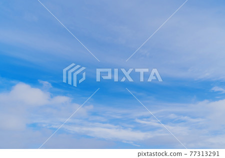 Abstract template with blue sky, white clouds and waxing half moon. Abstract natural background. 77313291