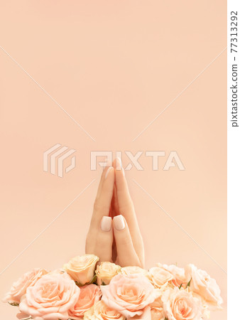 Female hands in pray gesture with tea roses on pastel background for decoration design. Vintage pink gift card. Flat lay style. Copy space. Female hands in pray gesture with tea roses on pastel background for decoration design. Vintage pink gift card. Flat lay style. Copy space. 77313292