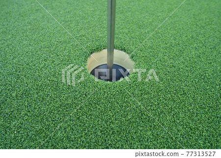 Golf ball hole with green grass field in golf court. Outdoor sport and recreation activity. Lifestyle Golf ball hole with green grass field in golf court. Outdoor sport and recreation activity. Lifestyle 77313527