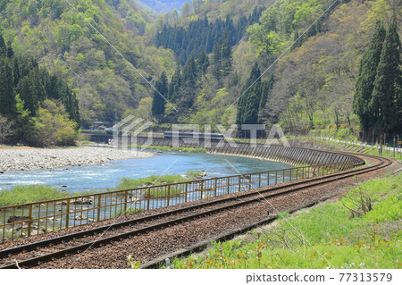 Wide view folds running on curved sections along the river Wide view folds running on curved sections along the river 77313579