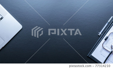 Doctor workplace. Healthcare medical infographic, doctor health stethoscope and notebook, needle syringe on dark background. Health care, insurance and help concept. 77314210