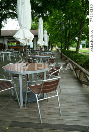Cafe terrace with umbrellas 77314380