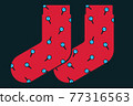 Pair of red socks with the pattern of magnifying glasses on black background. Amateur detective concept illustration. 77316563
