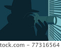 Silhouette of a man wearing fedora hat and coat looking through blinds with a camera 77316564