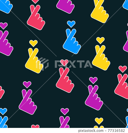 Korean love sign. Finger heart gesture. Sarangae icon. Seamless pattern on black background. 77316582