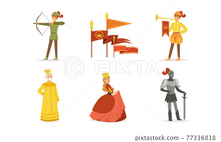 Medieval Kingdom Set, European Middle Ages or Fairy Tale Characters, Archer, Herald, King, Queen, Knight Cartoon Vector Illustration 77316818