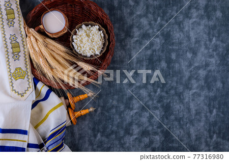 Fresh dairy products milk, cottage cheese wheat, shavuot food 77316980