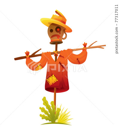 Scarecrow was put on a stick. Stylized cartoon character. Vector icon for decoration rural meadow Scarecrow was put on a stick. Stylized cartoon character. Vector icon for decoration rural meadow 77317011