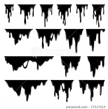 Paint dripping liquid. Flowing oil stain. Set of black drips. Current ink streak, fluid smudge. Vector illustration on white background Paint dripping liquid. Flowing oil stain. Set of black drips. Current ink streak, fluid smudge. Vector illustration on white background 77317014