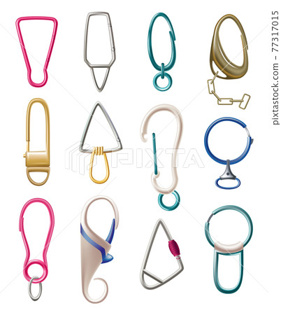 Collection of carabiner clasps. Metal carabines for climbing rope link. Snap hooks for bag, safety or protecting accessoryes. Claw clasps, climbing equipments Collection of carabiner clasps. Metal carabines for climbing rope link. Snap hooks for bag, safety or protecting accessoryes. Claw clasps, climbing equipments 77317015